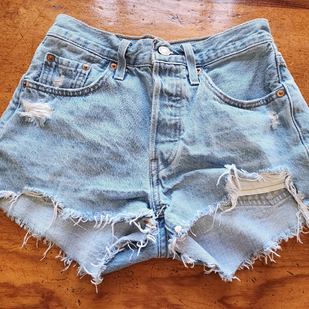 Distressed Levi 501 Light Blue Denim Shorts